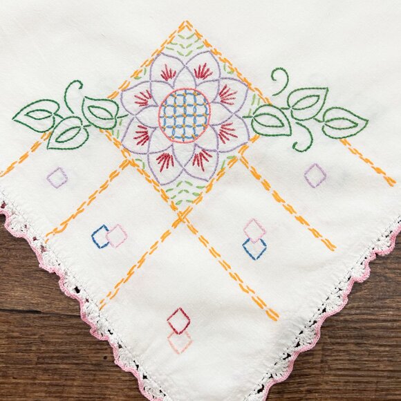 Vintage Hand Embroidered Square Tablecloth, Vintage Dresser Scarf Vintage Linen - Picture 4 of 6